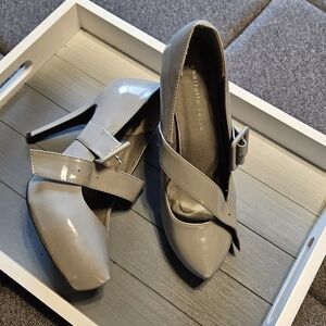 Charlotte Russe Gray Patent Pointed-Toe Mary Jane Heels with Buckle Strap